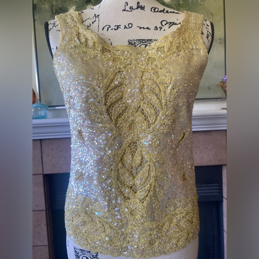 Vtg 50s 60s Beaded Sequin Rhinestone Tank Top Yellow Silk Hollywood Glamour sz 4